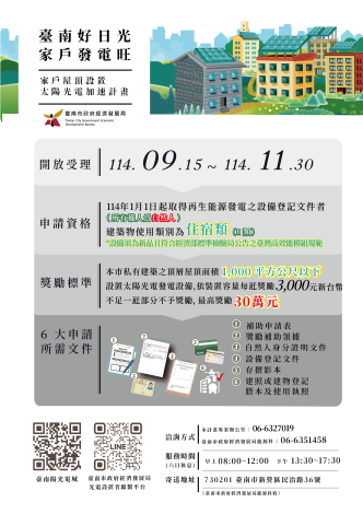 臺南市「家戶屋頂設置太陽光電加速計畫」補助經費仍充裕，屋頂光電投資千萬別錯過！