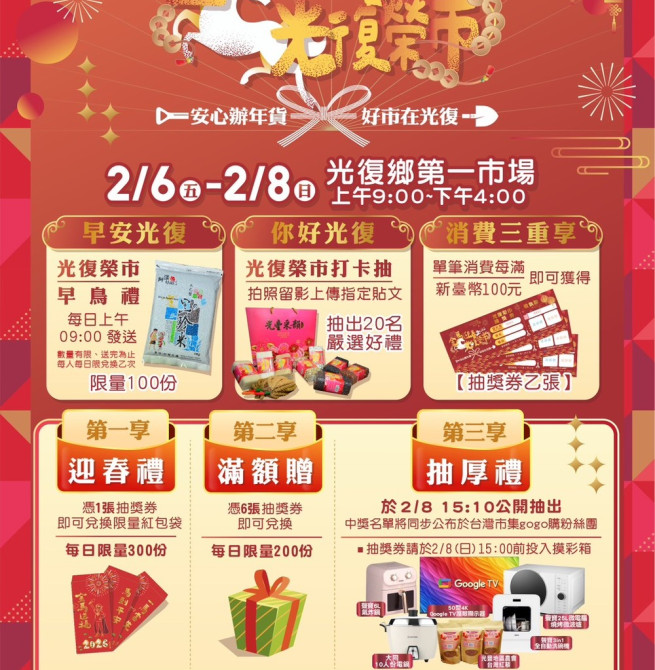 花蓮光復市場2月6日迎新春，「2026金馬迎春．光復榮市」年貨市集熱鬧展開