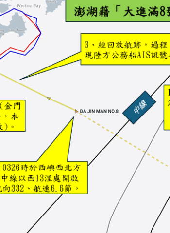 澎湖籍「大進滿8號」漁船疑似於大陸沿海進行非法售油並遭查扣　海巡署說明其航行軌跡並加強查證