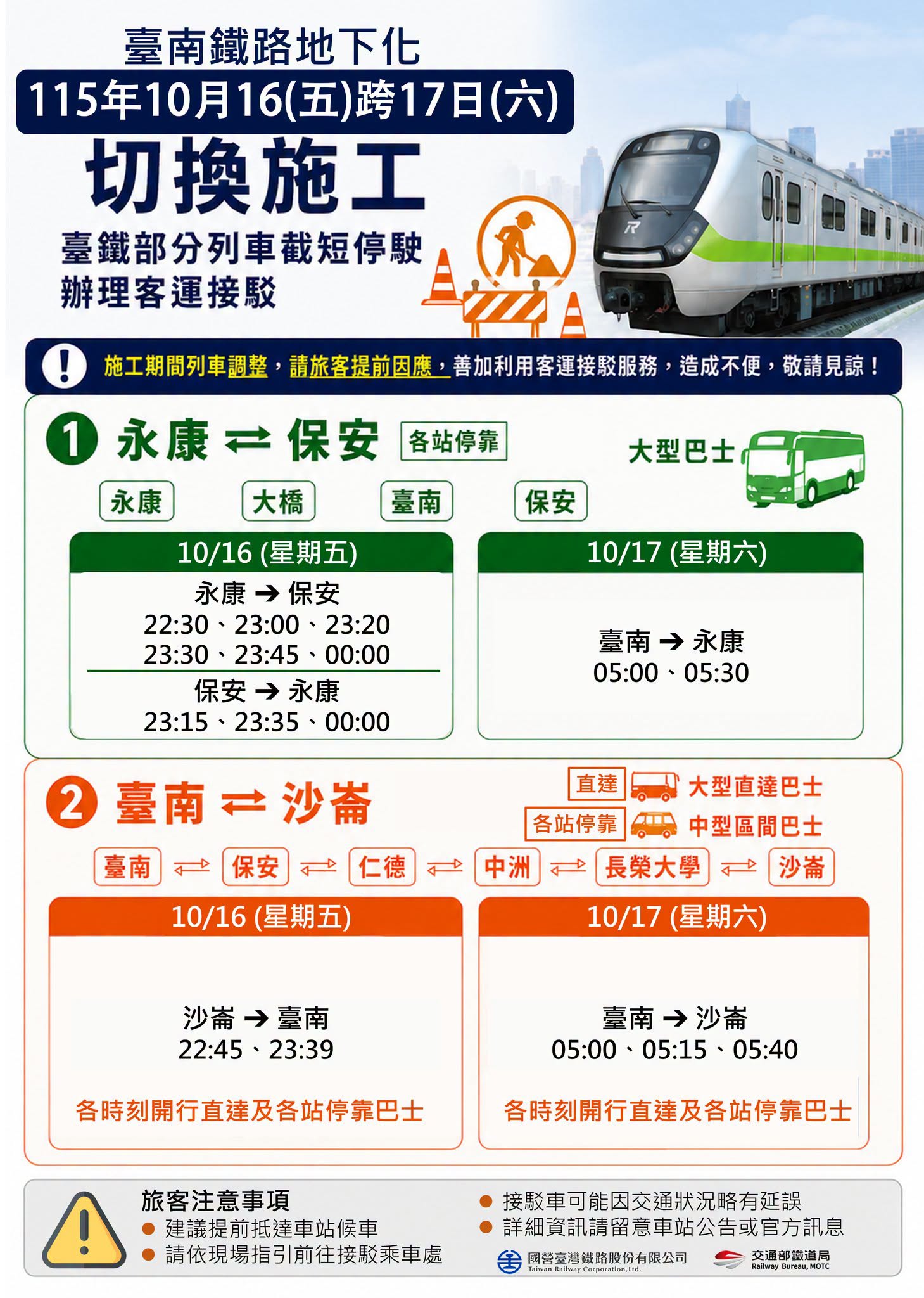 台南鐵路地下化17日通車 台鐵16日晚間、17日清晨調整列車並啟動接駁